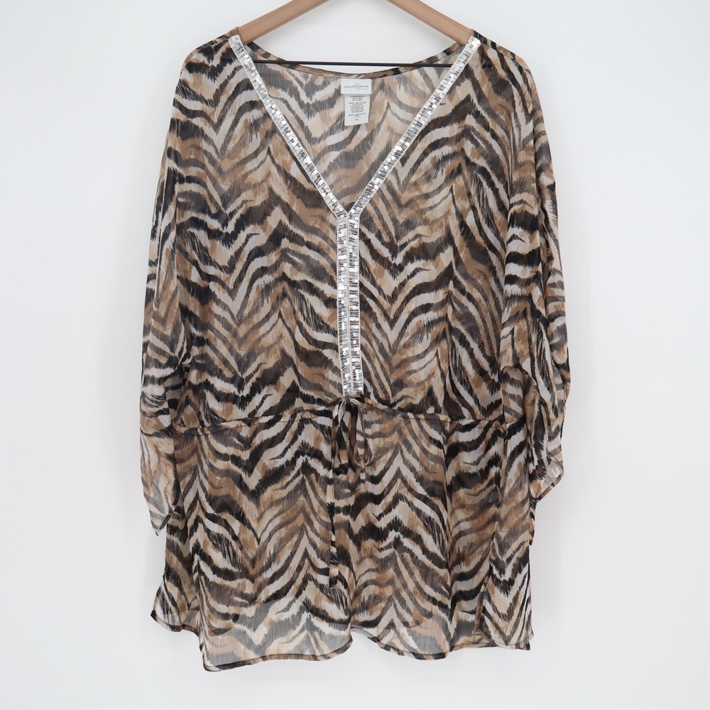 Jaclyn Smith Tunic Womens 2X Zebra Animal Print Brown Sequin Trim Excellent